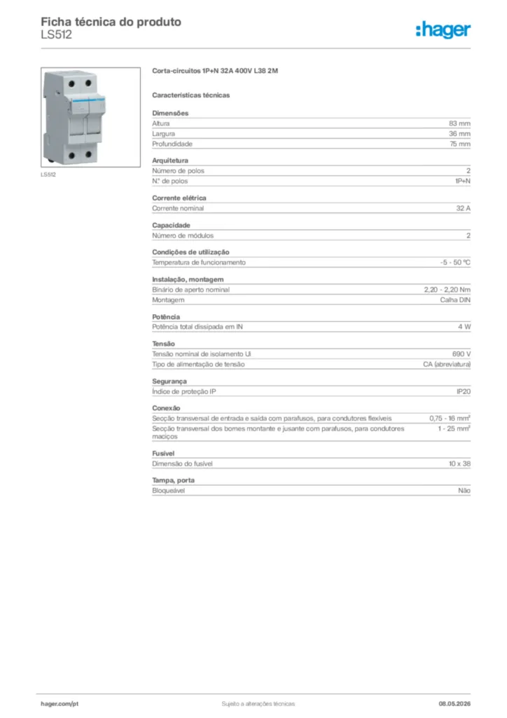 Imagem Hager Ficha técnica do produto LS512 | Hager Portugal