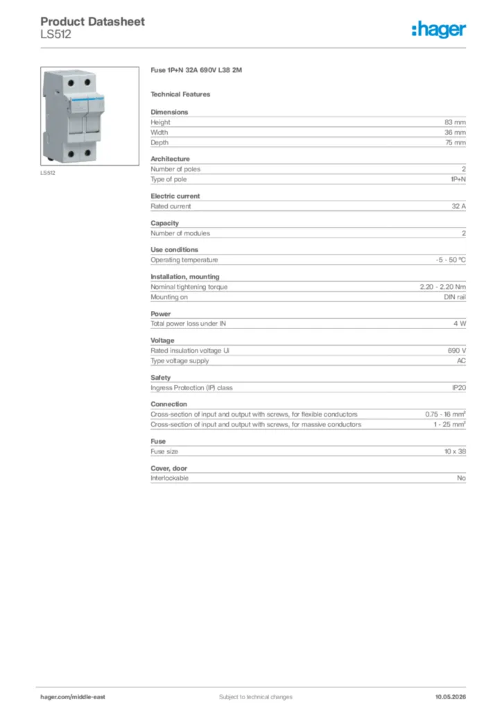 Image Hager Product data sheet LS512  | Hager