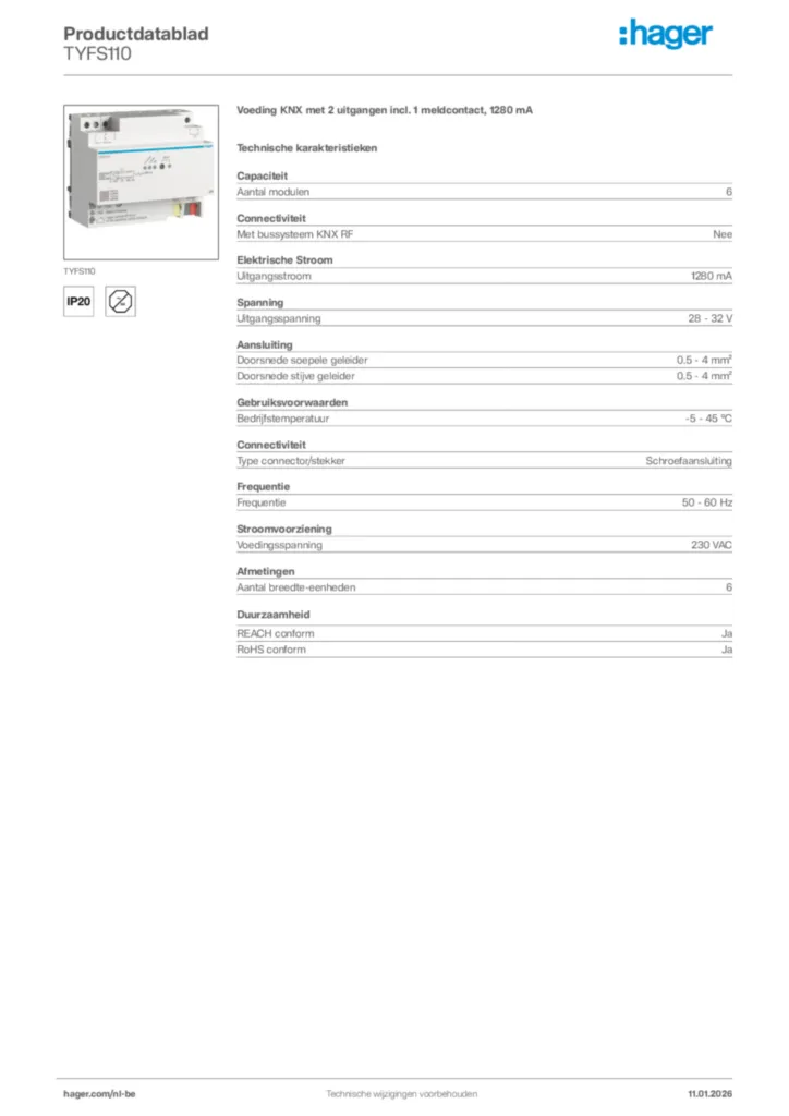 Afbeelding Hager Productdatablad TYFS110 | Hager Belgium