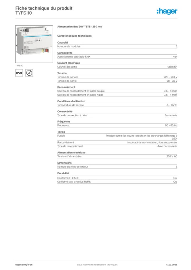 Image Hager Fiche technique du produit TYFS110 | Hager Suisse