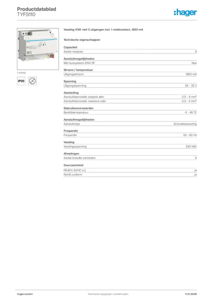 Afbeelding Hager Productdatablad TYFS110 | Hager Nederland