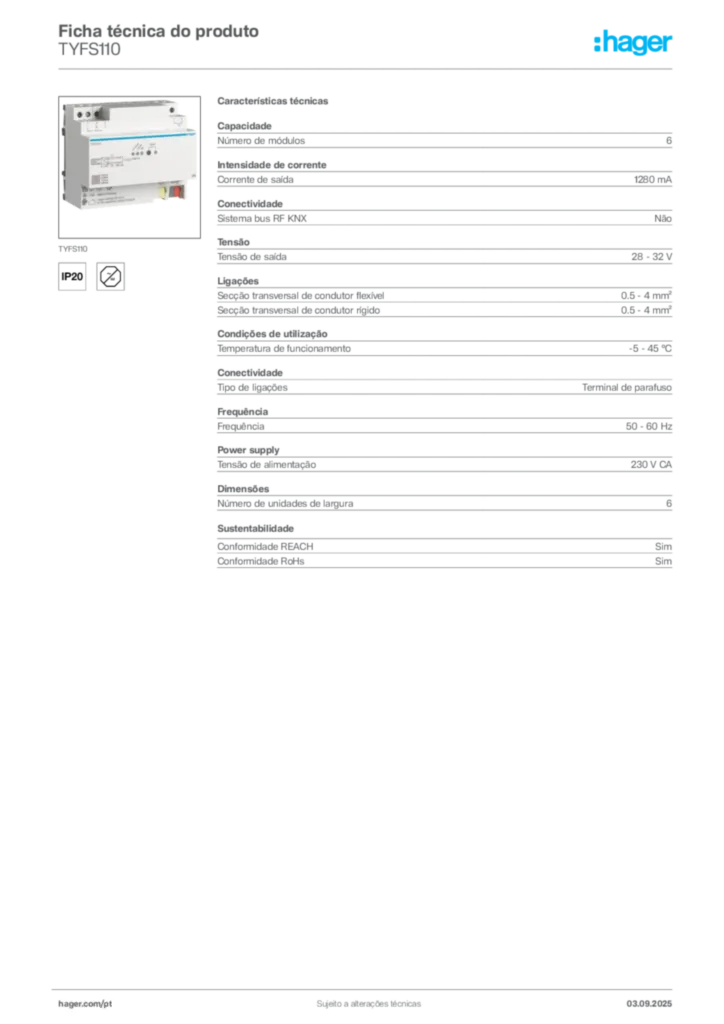 Imagem Hager Ficha técnica do produto TYFS110 | Hager Portugal