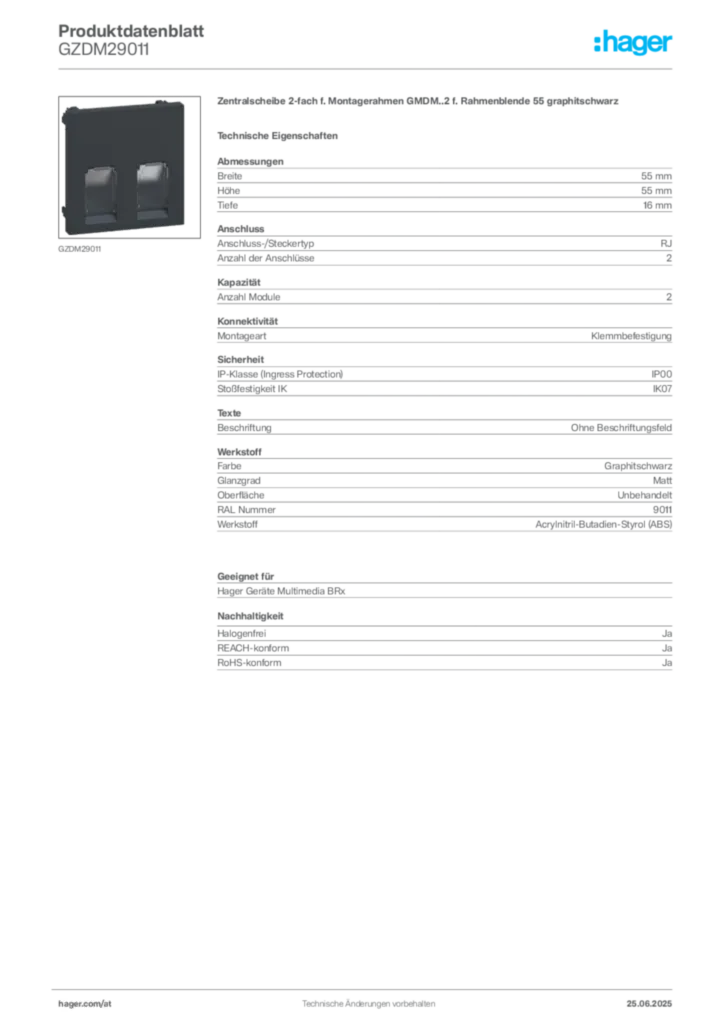 Bild Hager Produktdatenblatt GZDM29011 | Hager Deutschland