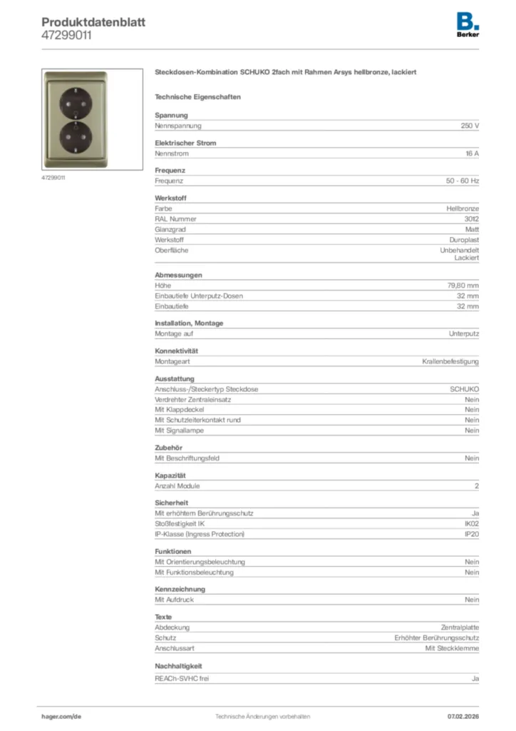 Bild Berker Produktdatenblatt 47299011 | Hager Deutschland