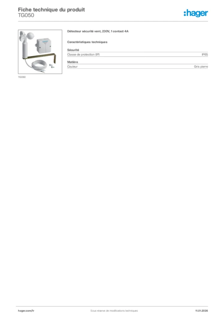 Image Hager Fiche technique du produit TG050 | Hager France