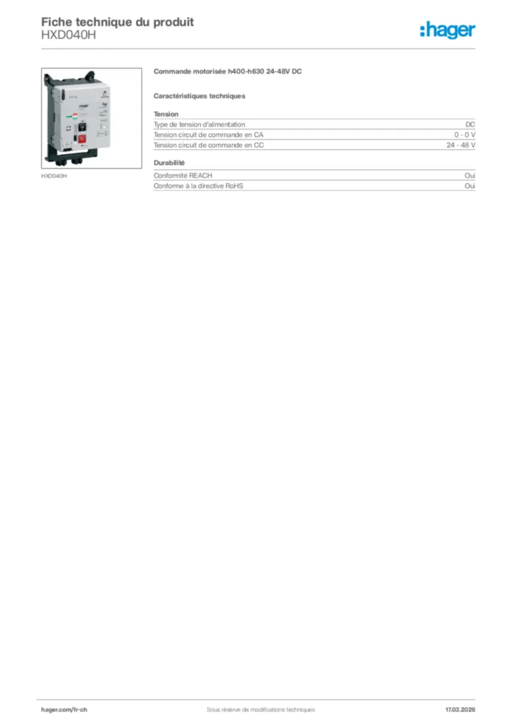 Image Hager Fiche technique du produit HXD040H | Hager Suisse