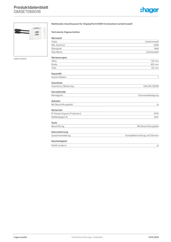Bild Hager Produktdatenblatt GMSET069016 | Hager Deutschland