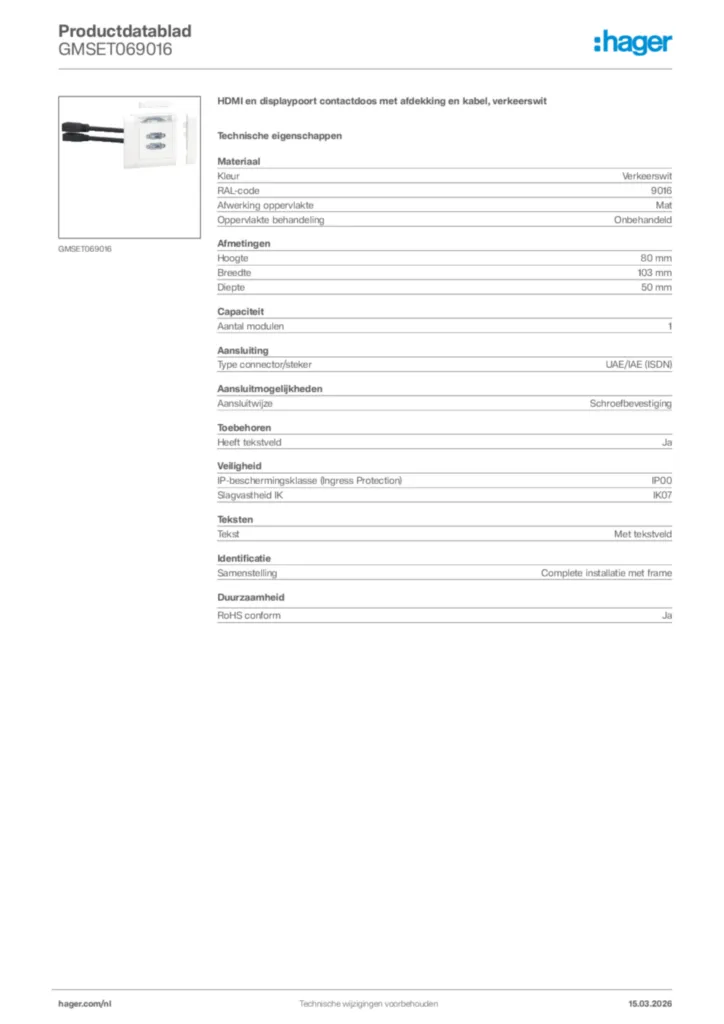 Afbeelding Hager Productdatablad GMSET069016 | Hager Nederland