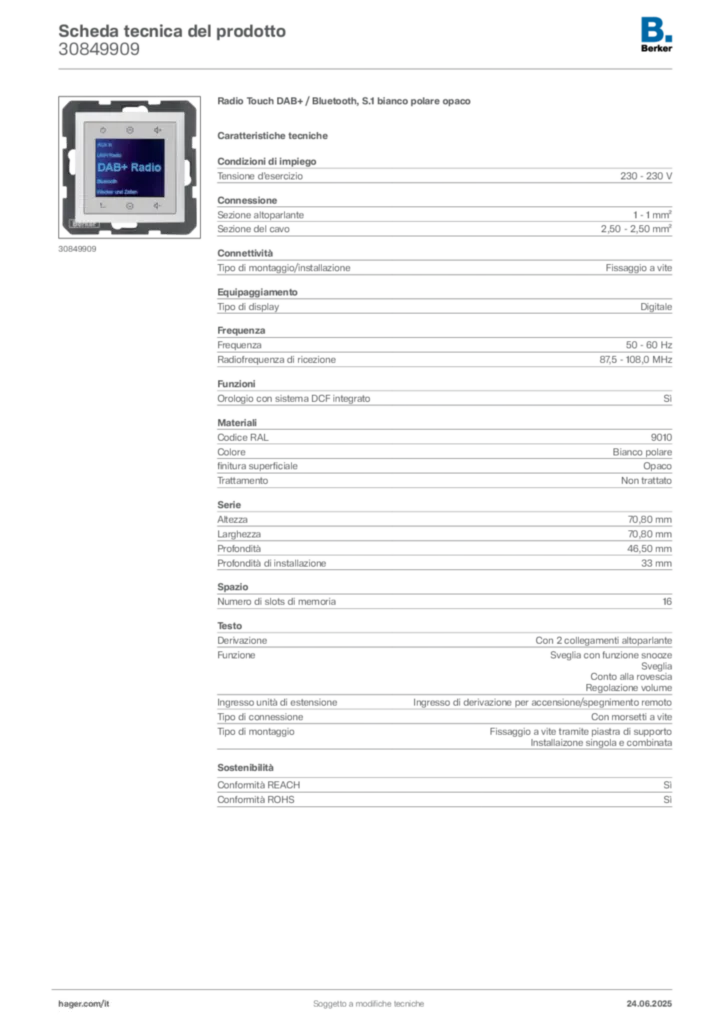 Immagine Berker Scheda tecnica del prodotto 30849909 | Hager Italia