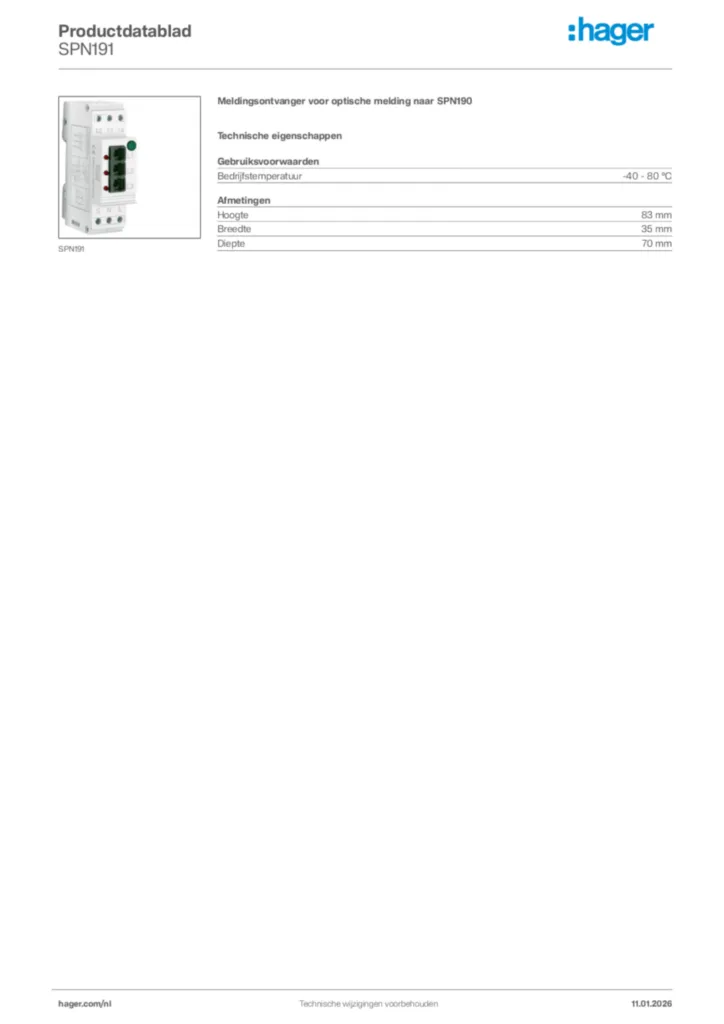Afbeelding Hager Productdatablad SPN191 | Hager Nederland