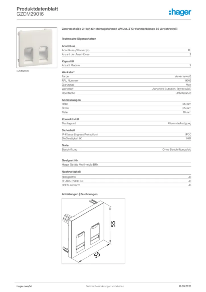 Bild Hager Produktdatenblatt GZDM29016 | Hager Deutschland