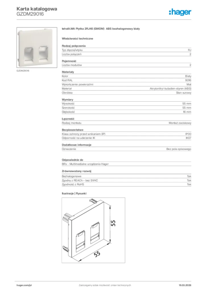 Zdjęcie Hager Karta katalogowa GZDM29016 | Hager Polska