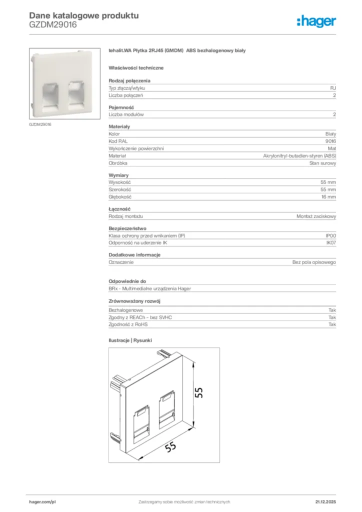 Zdjęcie Hager Dane katalogowe produktu GZDM29016 | Hager Polska