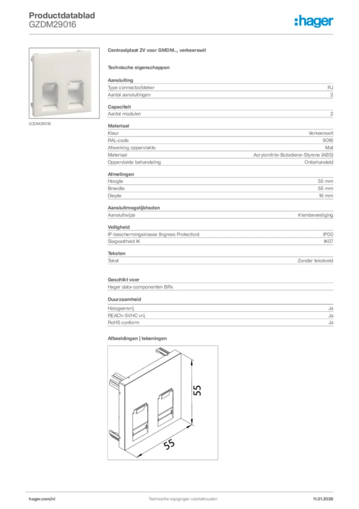 Afbeelding Hager Productdatablad GZDM29016 | Hager Nederland