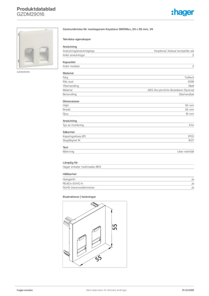 Bild Hager Produktdatablad GZDM29016 | Hager Sverige