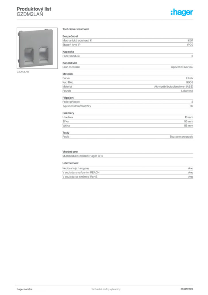 Obrázek Hager Produktový list GZDM2LAN | Hager