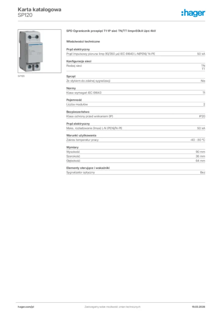 Zdjęcie Hager Karta katalogowa SP120 | Hager Polska