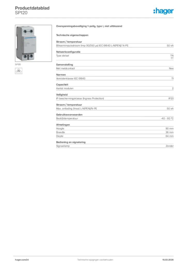 Afbeelding Hager Productdatablad SP120 | Hager Nederland