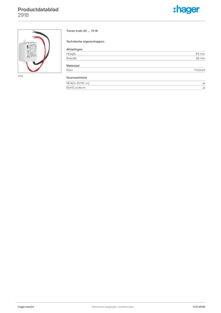 Afbeelding Hager Productdatablad 2918 | Hager Nederland
