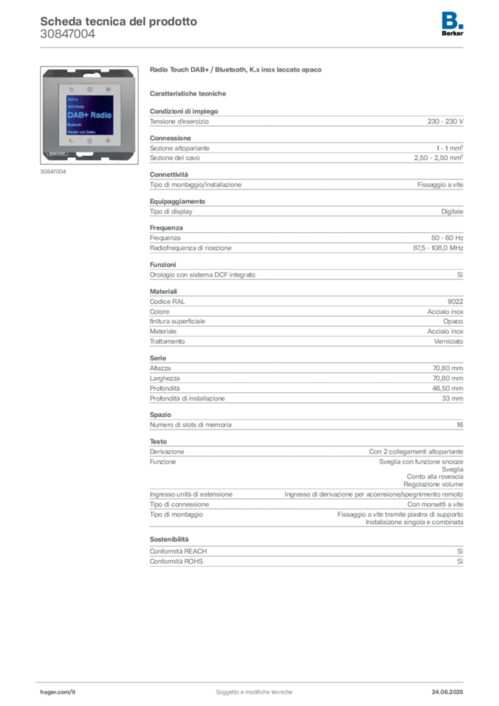 Immagine Berker Scheda tecnica del prodotto 30847004 | Hager Italia