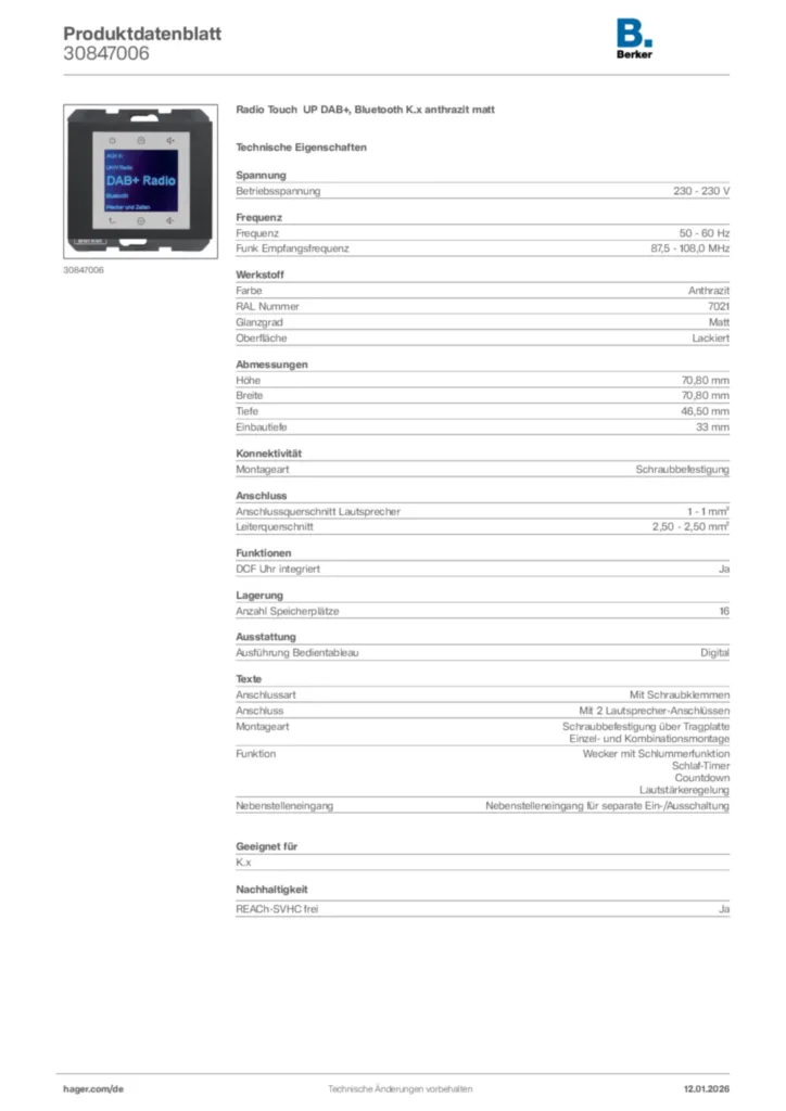 Bild Berker Produktdatenblatt 30847006 | Hager Deutschland