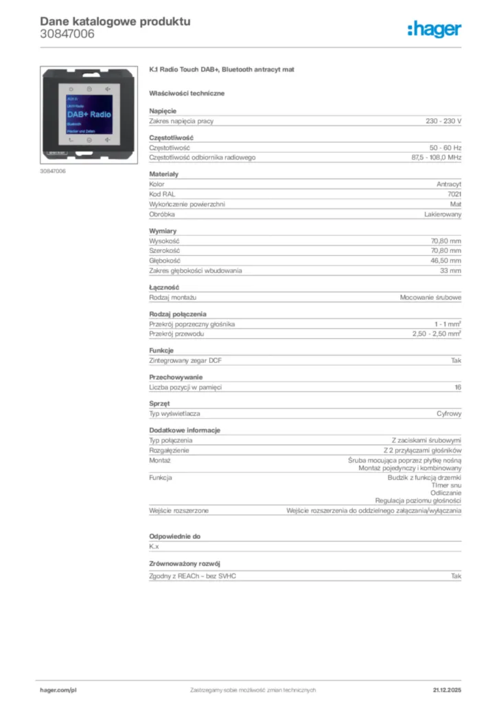 Zdjęcie Hager Dane katalogowe produktu 30847006 | Hager Polska