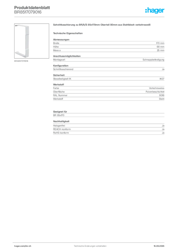 Bild Hager Produktdatenblatt BR8517079016 | Hager Schweiz