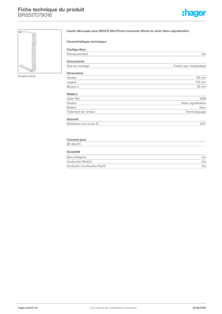 Image Hager Fiche technique du produit BR8517079016 | Hager Suisse