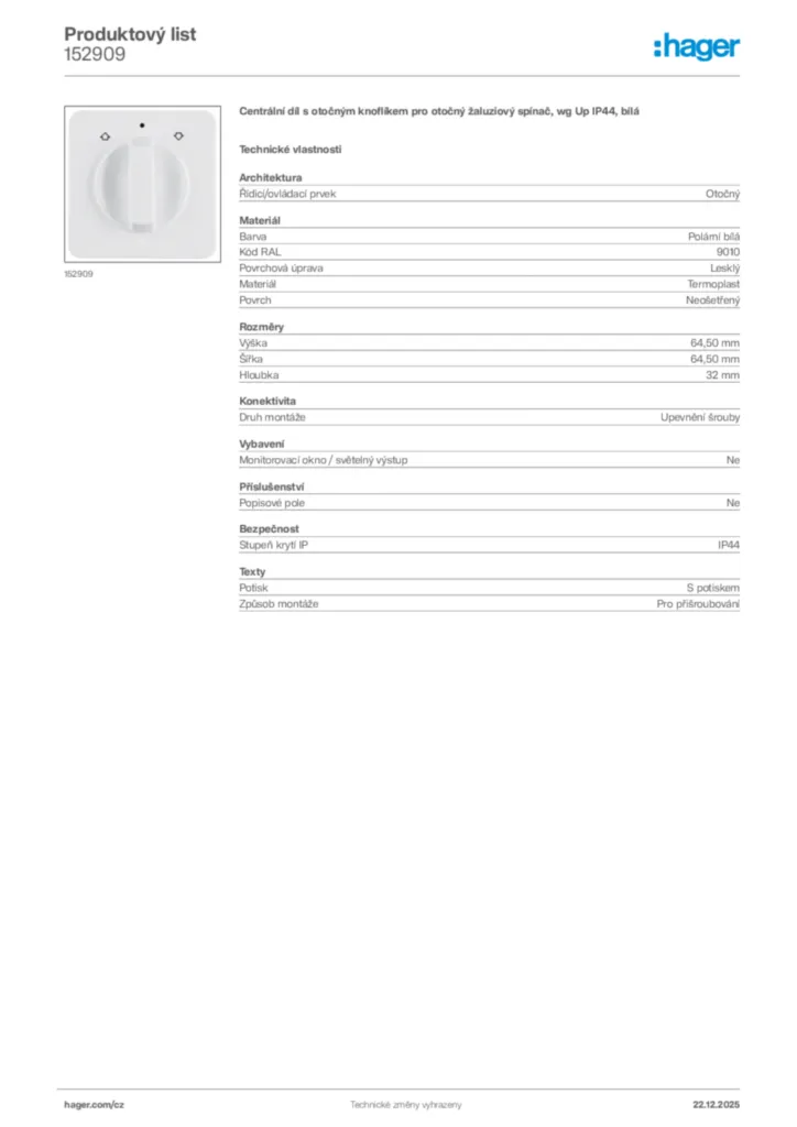 Obrázek Hager Produktový list 152909 | Hager