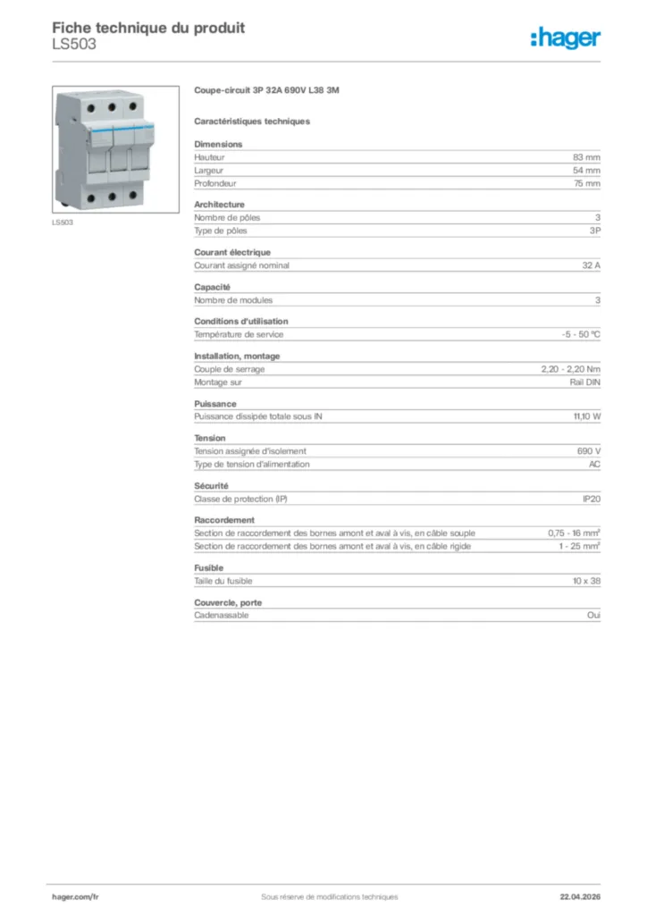 Image Hager Fiche technique du produit LS503 | Hager France