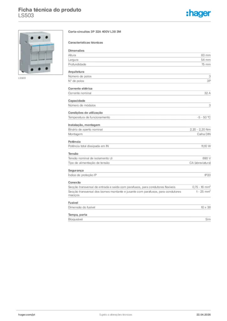 Imagem Hager Ficha técnica do produto LS503 | Hager Portugal