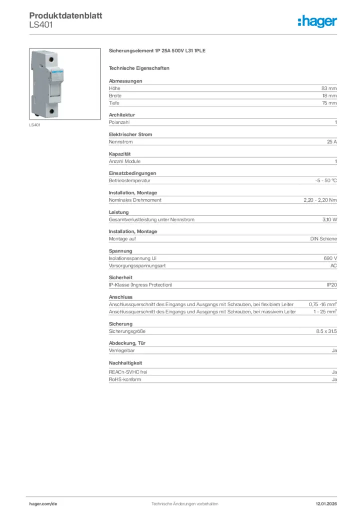 Bild Hager Produktdatenblatt LS401 | Hager Deutschland