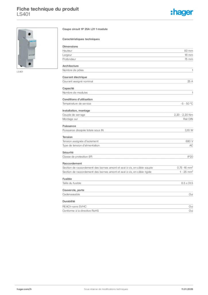 Image Hager Fiche technique du produit LS401 | Hager France