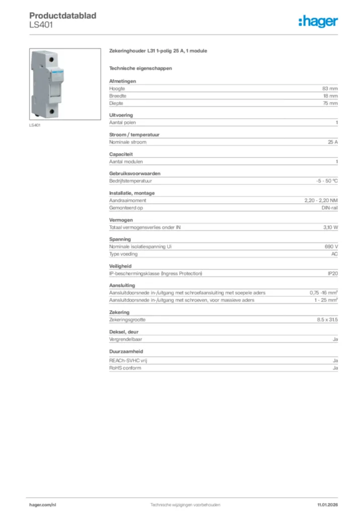Afbeelding Hager Productdatablad LS401 | Hager Nederland
