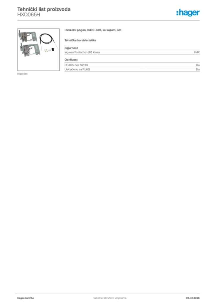 Slika Hager Tehnički list proizvoda HXD065H  | Hager