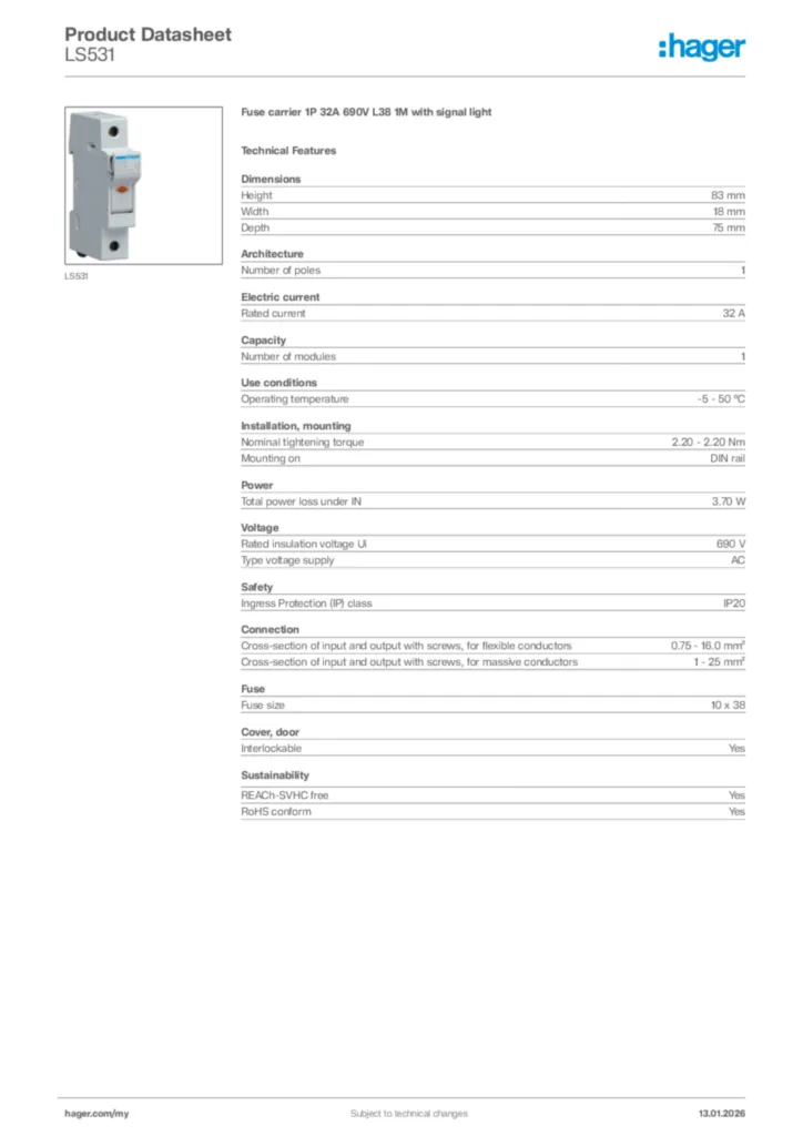 Image Hager Product data sheet LS531  | Hager