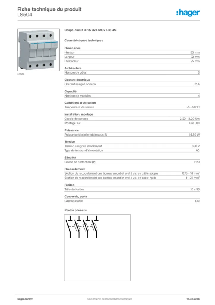 Image Hager Fiche technique du produit LS504 | Hager France