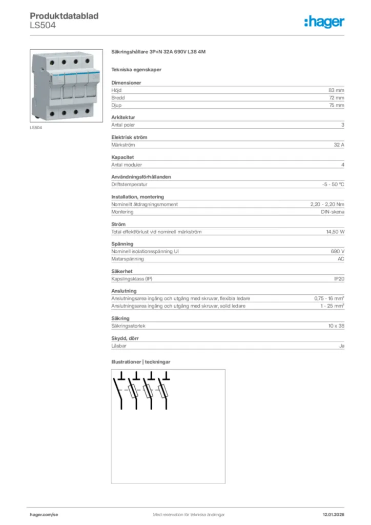 Bild Hager Produktdatablad LS504 | Hager Sverige