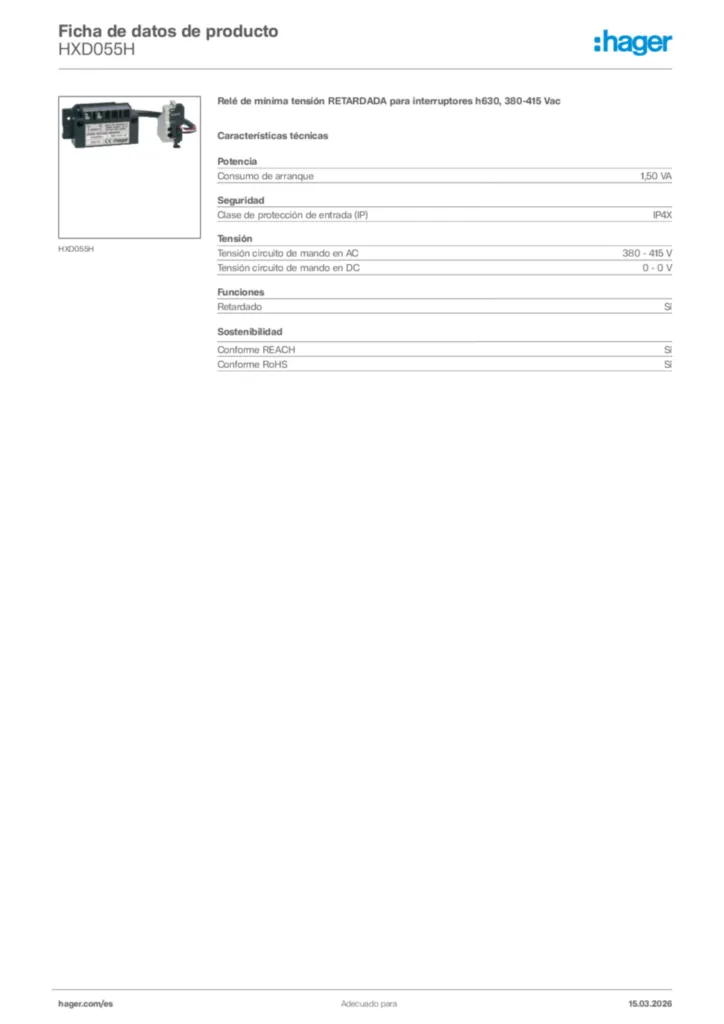 Imagen Hager Ficha de datos de producto HXD055H | Hager España