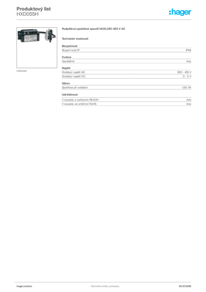 Obrázek Hager Produktový list HXD055H | Hager