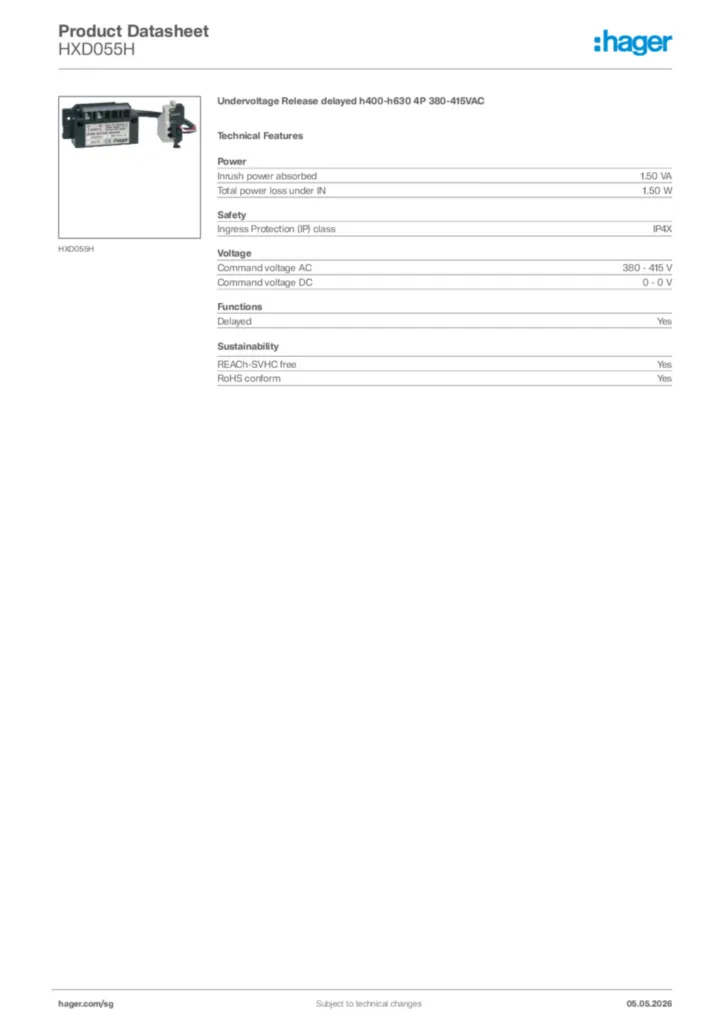 Image Hager Product data sheet HXD055H  | Hager