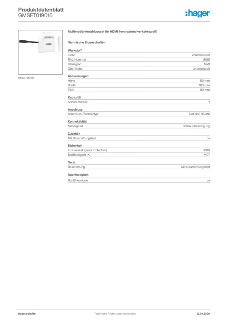 Bild Hager Produktdatenblatt GMSET019016 | Hager Deutschland
