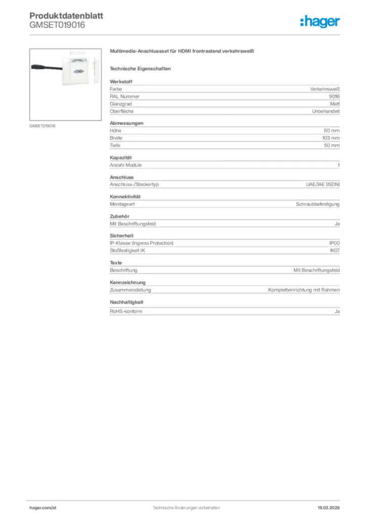 Bild Hager Produktdatenblatt GMSET019016 | Hager Deutschland