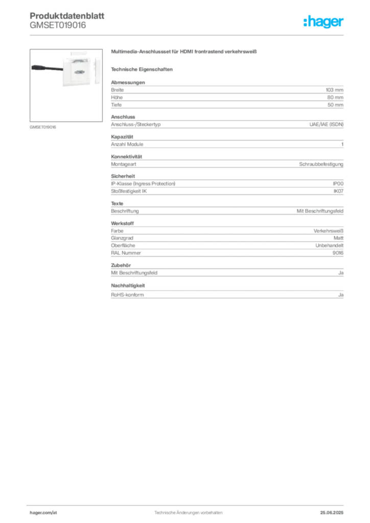 Bild Hager Produktdatenblatt GMSET019016 | Hager Deutschland