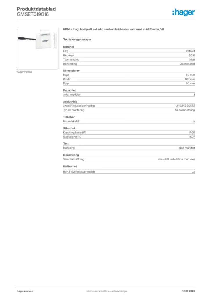 Bild Hager Produktdatablad GMSET019016 | Hager Sverige