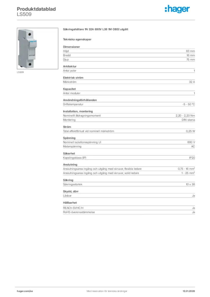 Bild Hager Produktdatablad LS509 | Hager Sverige