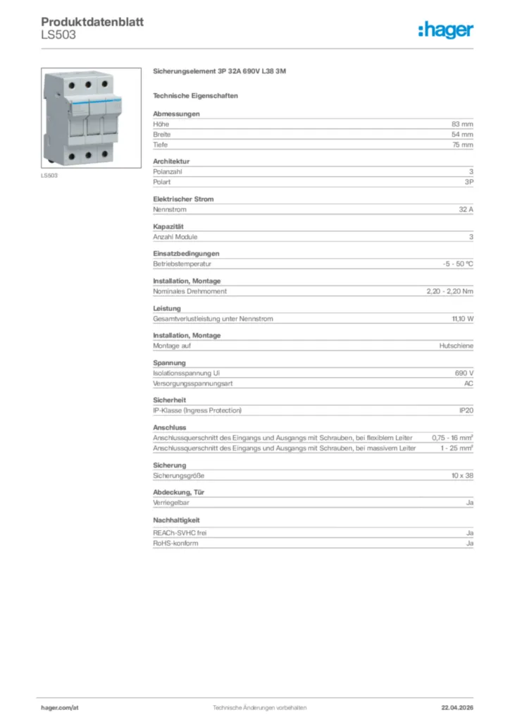 Bild Hager Produktdatenblatt LS503 | Hager Deutschland