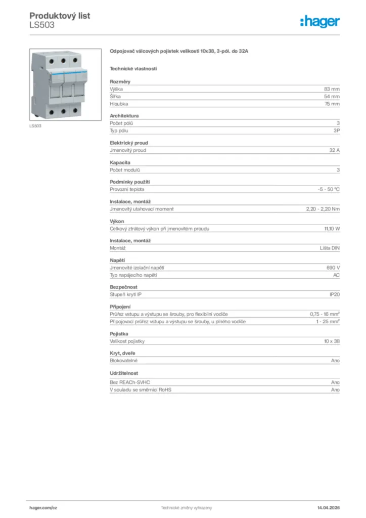 Obrázek Hager Product data sheet LS503 | Hager