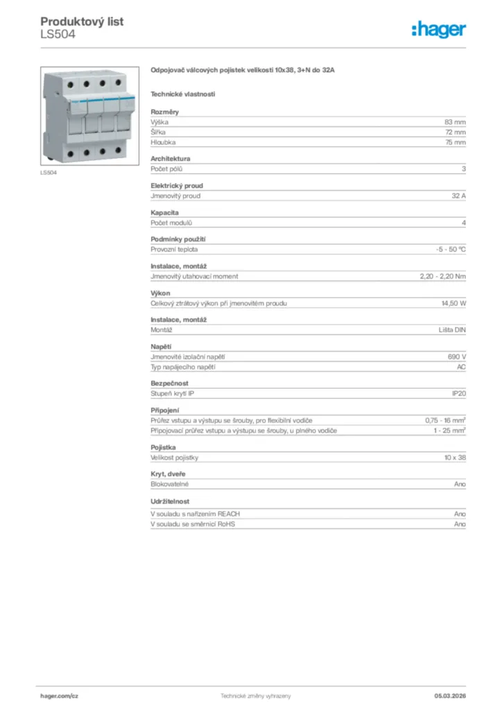 Obrázek Hager Product data sheet LS504 | Hager