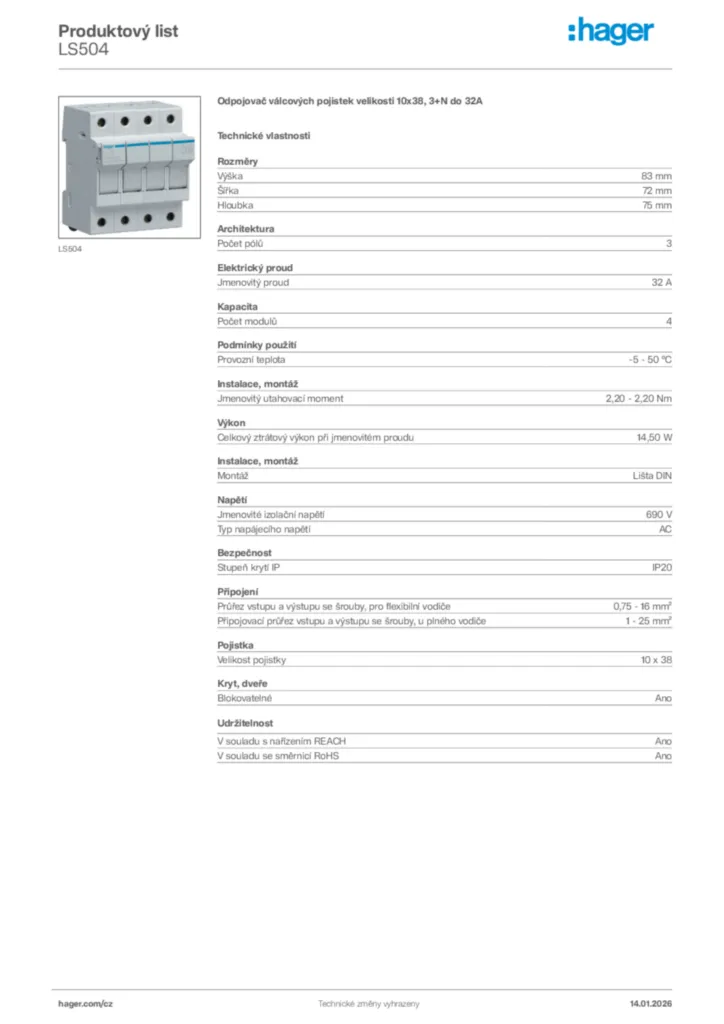 Obrázek Hager Product data sheet LS504 | Hager